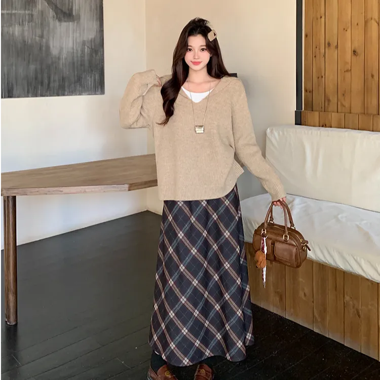 2025大码女慵懒上衣针织毛衣格子半身裙套装 A2736+72128+23326