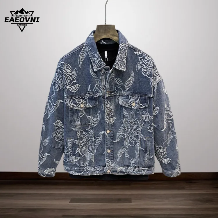 EAEOVNI高端帅气时尚水洗绣花牛仔夹克男春秋美式宽松工作夹克