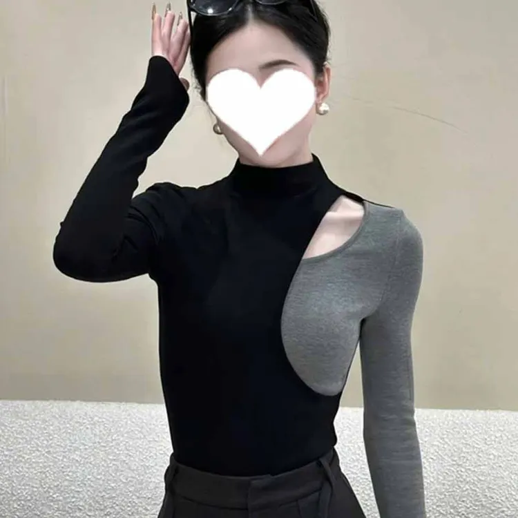 冬季半高领镂空拼色长袖T恤女修身显瘦磨毛打底衫内搭可外穿上衣