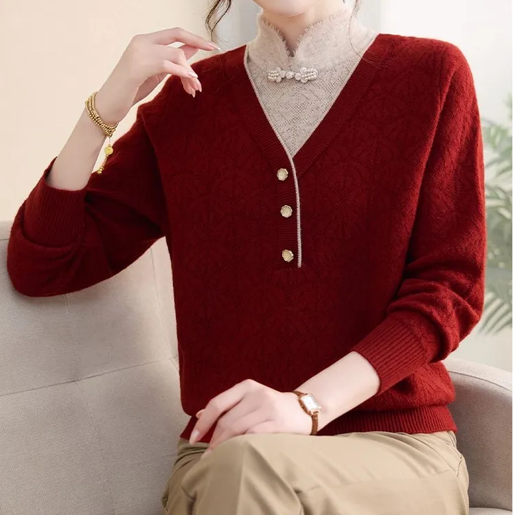 秋冬新款宽松假两件半高领毛衣女春秋针织打底衫洋气