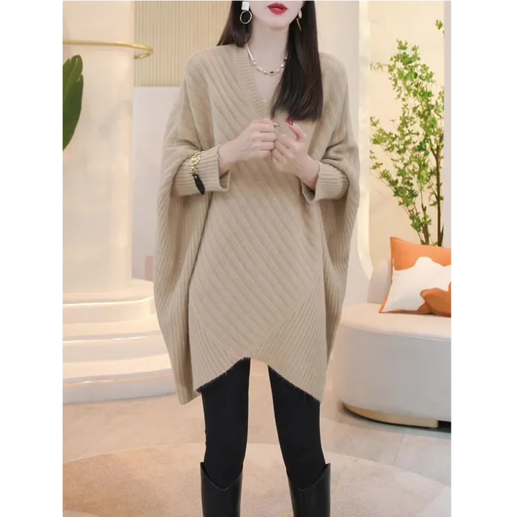 简约时尚韩版中长款毛衣2025秋季新款大码宽松显瘦蝙蝠袖针织上衣
