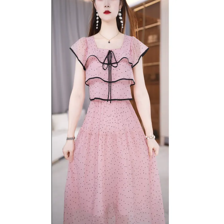 【连衣裙】夏季新款方领波点时尚简约收腰纯色中长款连衣裙M-4XL