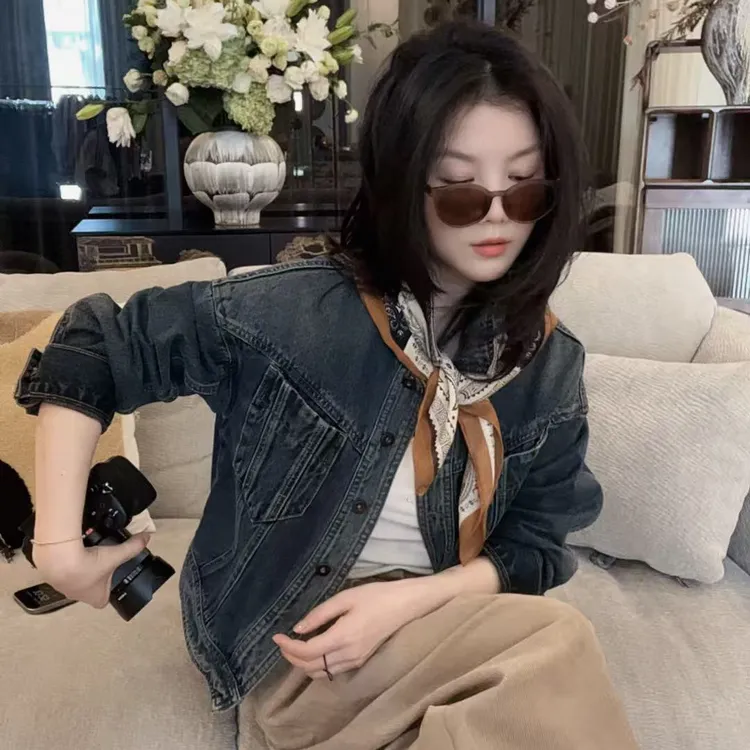 【悦悦专属】早秋上新翻领复古机车短款牛仔外套Y831