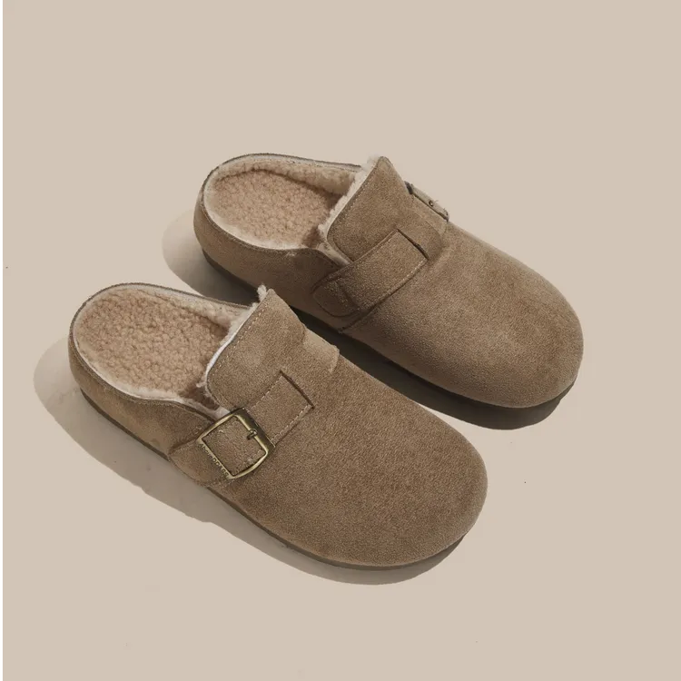 2025秋冬新款加绒保暖防滑穆勒棉拖加绒勃肯鞋包头毛毛拖鞋女外穿