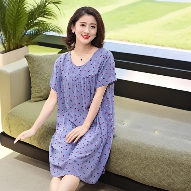 妈妈装夏季冰丝睡衣中老年人宽松短袖绵绸可外穿连衣裙奶奶装睡裙