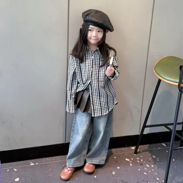 壹妈韩版童装女童秋装套装洋气儿童时髦格子衬衫上衣牛仔裤两件套