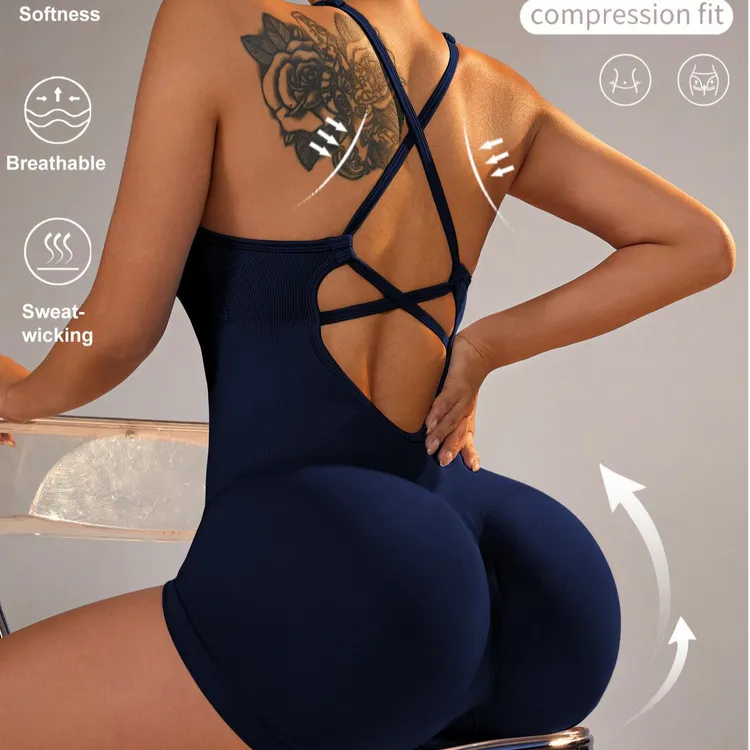 欧美外贸大露背带杯垫美背蜜桃臀瑜伽连体短裤速干健身运动提臀