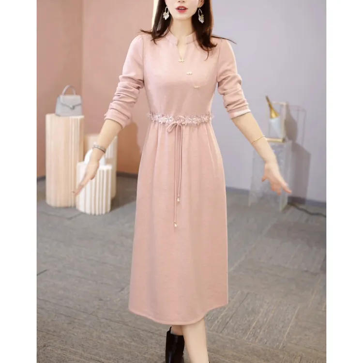 气质减龄粉色连衣裙女2025春秋新款时尚洋气妈妈收腰显瘦长袖裙子