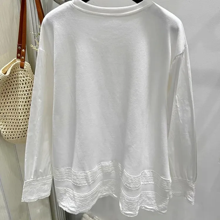 2025春夏新款蕾丝拼接中长款镂空长袖上衣T恤LK2501598