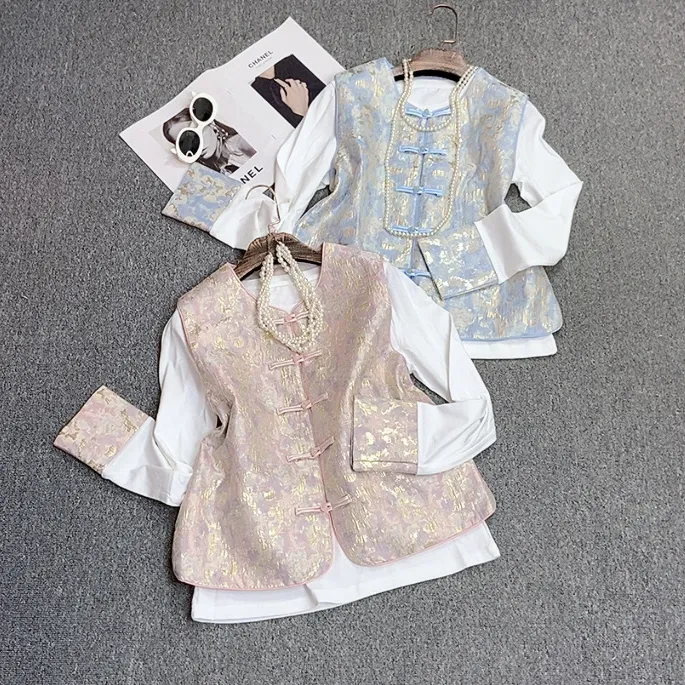 中式春季新款盘扣马夹棉质小衫两件套98119