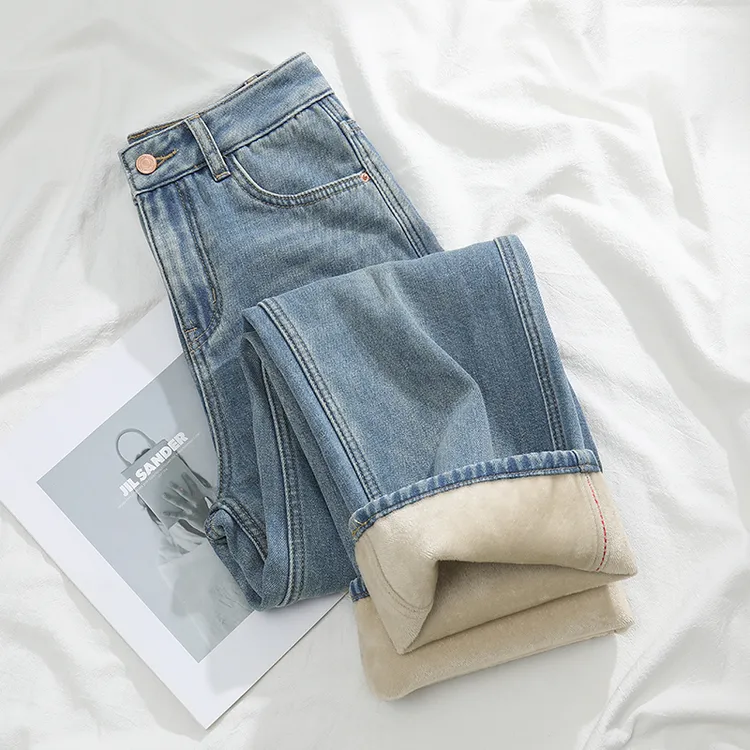 加绒窄版阔腿牛仔裤女2025秋冬爆款高腰遮胯显瘦百搭小个子直筒裤