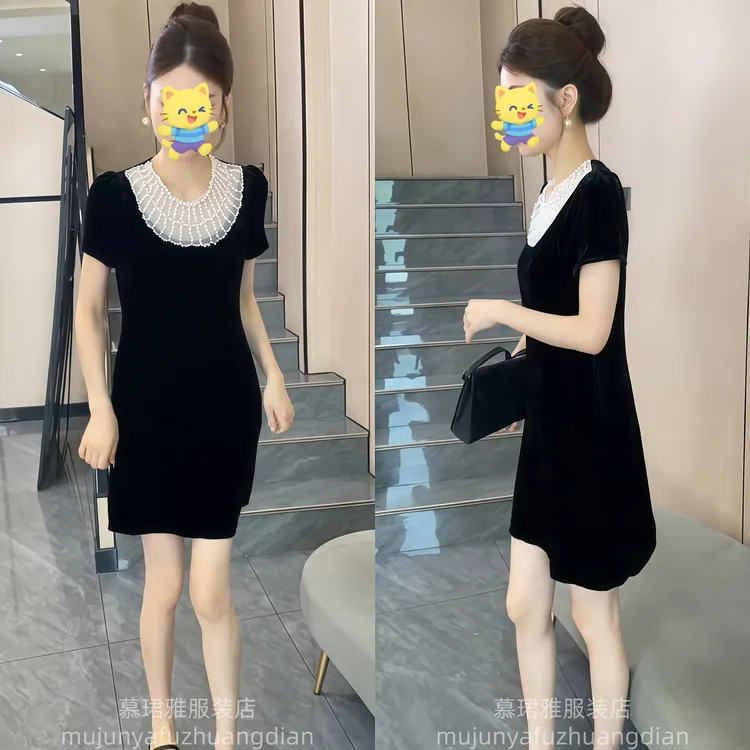 炸街高品质时尚连衣裙女2025夏季新款气质圆领钉珠显瘦中长裙