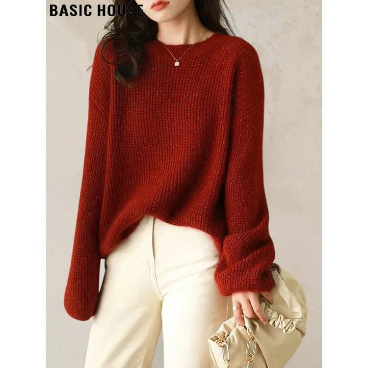 Basic House/百家好高级感红色圆领加厚毛衣女2026春季保暖针织衫