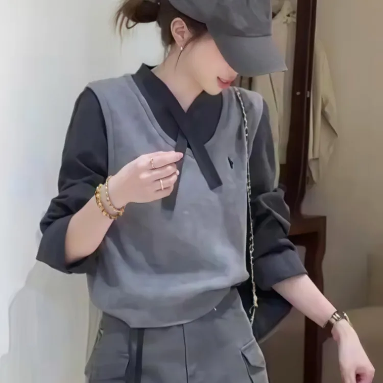 韩系假两件针织马甲拼接长袖衬衫女2025秋季新款学院风设计感上衣