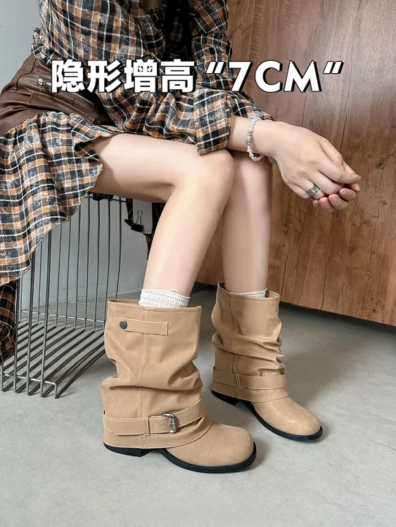 真皮~内增高西部牛仔堆堆靴女2025秋褶皱裤管短靴复古骑士马丁靴