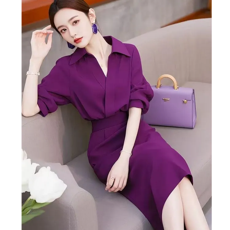 开春穿搭一整套轻奢高级感又a又飒减龄洋气小香风紫色衬衫套装