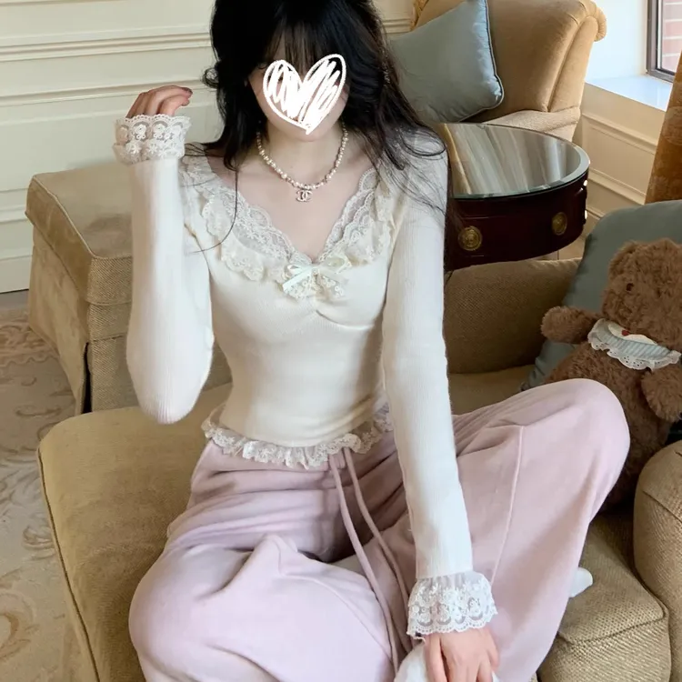 雪落之声~奶油感温柔纯欲蕾丝V领显瘦针织衫打底衫打底上衣秋冬