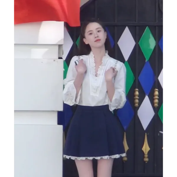 MARIE.COCO法式白色蕾丝花边V领衬衫女气质高腰A字半身裙两件套装