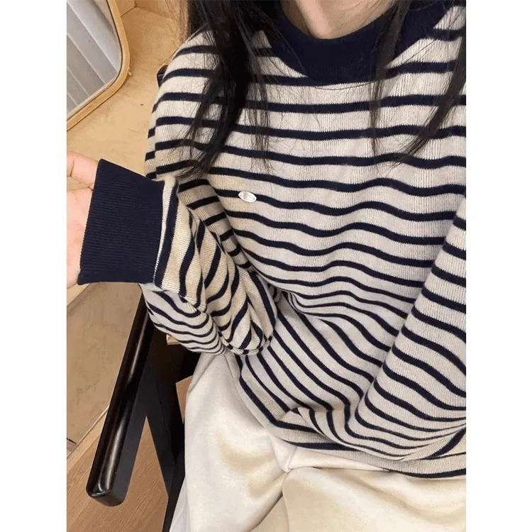 女装春秋新款长袖T恤条纹洋气休闲打底衫时尚宽松慵懒百搭阔腿裤