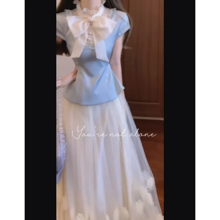 【缔芙尼小姐】夏季新款名媛风静奢重工蝴蝶结上衣搭高腰网纱半身裙