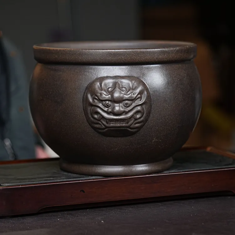 原矿紫砂水洗石黄兽首茶道茶洗缸器具