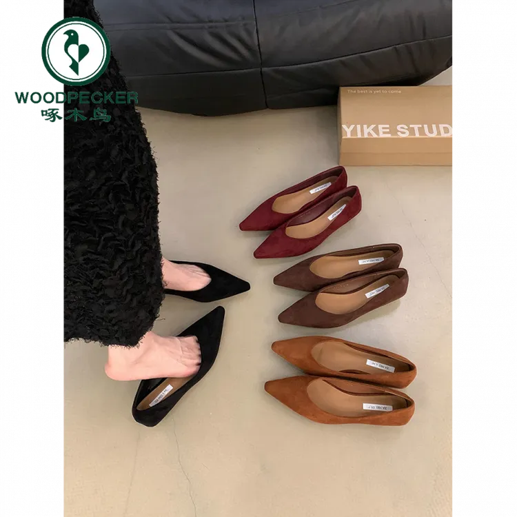 啄木鸟法式小众棕色单鞋女春夏新款坡跟气质尖头通勤晚晚奶奶鞋