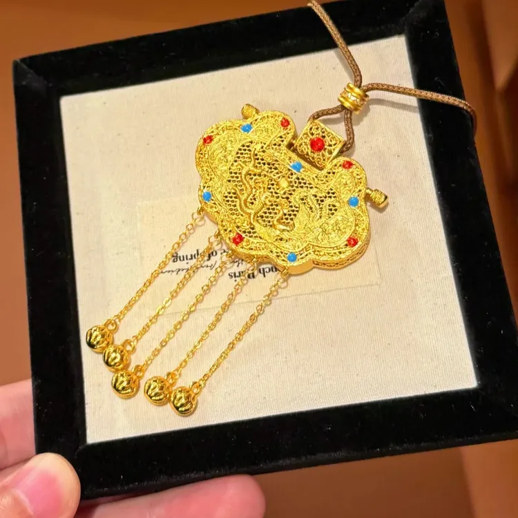 新中式天子门生锁包吊坠女花丝龙凤呈祥流苏项链
