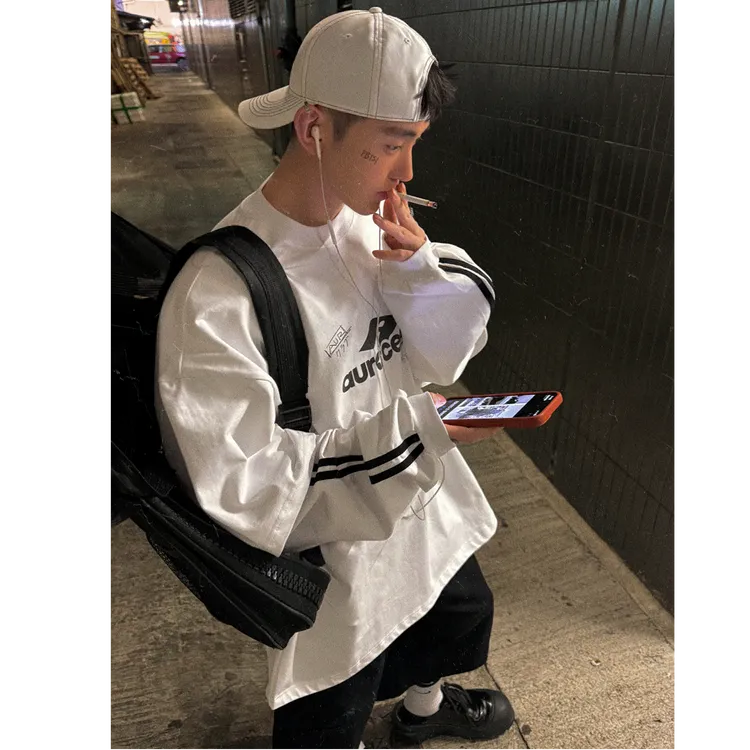 Aurocean 运动少年假两件长袖T恤 手绘涂鸦印花320克纯棉大版白t