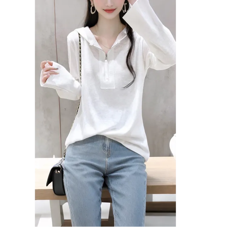 纯色圆领半拉链长袖t恤女春秋冬棉质肌理感下摆开叉上衣打底衫ins