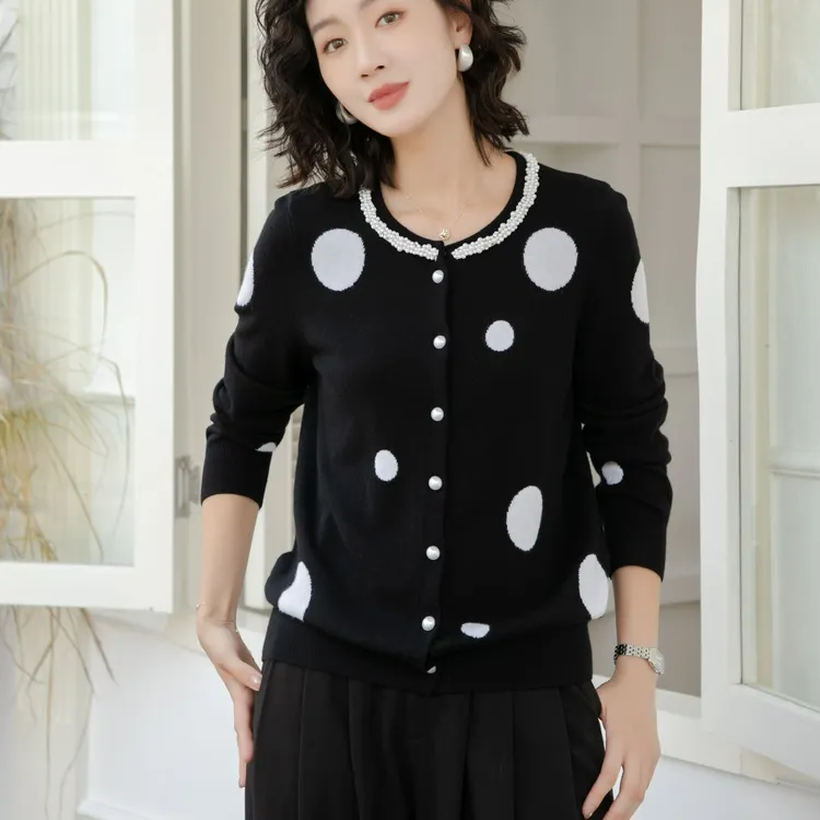 韩衣奇迹羊毛衫秋季波点圆领开衫长袖女宽松休闲针织重工大码女装