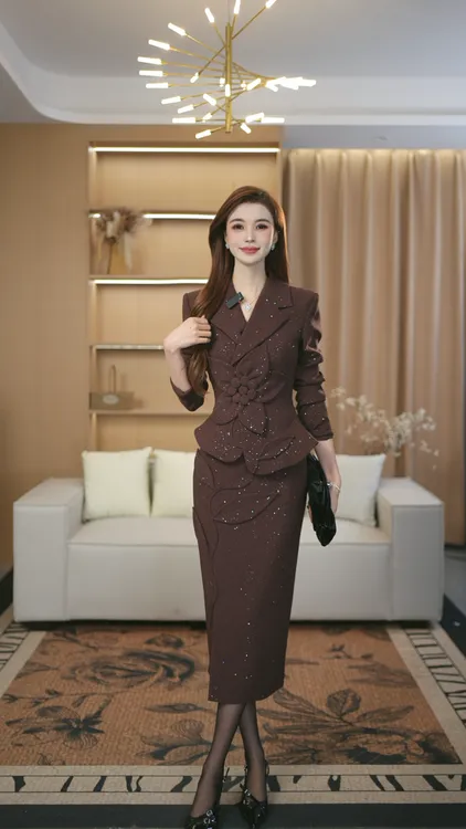 罗曼定制 高定原创红棕色西装收腰上衣女新+半身裙时尚秋气质高级