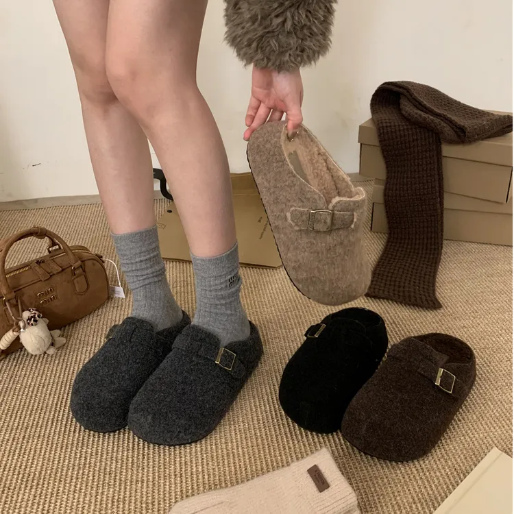 灰色毛呢丑萌面包鞋子女小个子厚底加绒勃肯鞋内增高5cm毛毛拖鞋