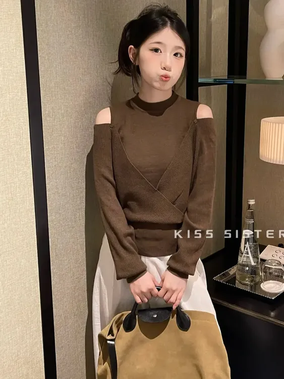 【波普青花】秋季新款毛衣四季青轻奢百搭露肩针织衫显瘦上衣6932