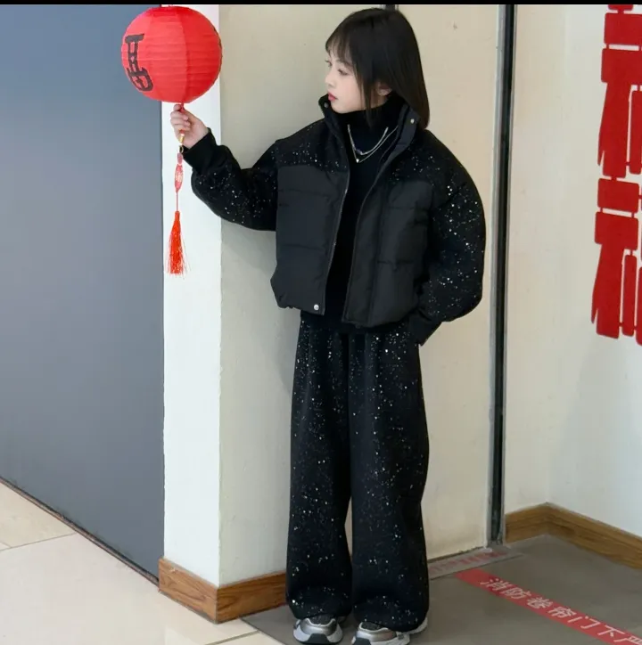 女童冬装棉衣外套2025新款儿童满天星棉服套装直筒阔腿裤两件套
