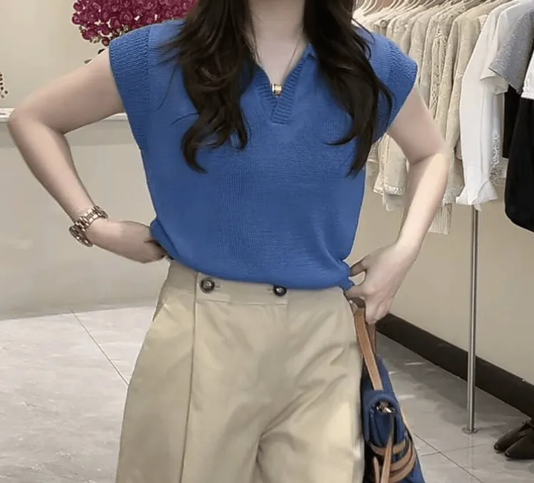 气质舒适翻领短袖针织衫女夏季新款修身显瘦高级感减龄上衣潮9249