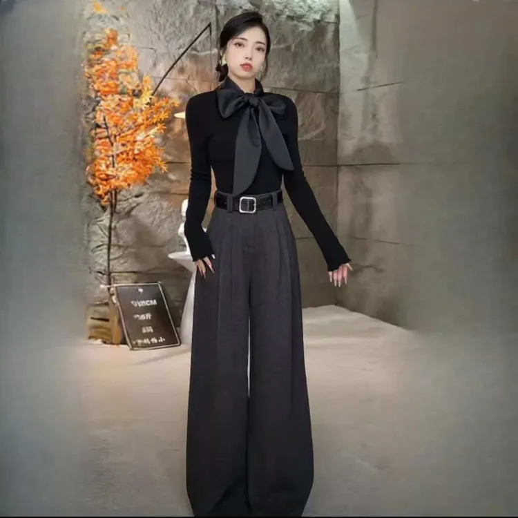 【双面磨毛呢】【送腰带】秋冬毛呢拖地直筒裤女高腰西装阔腿裤百搭厚