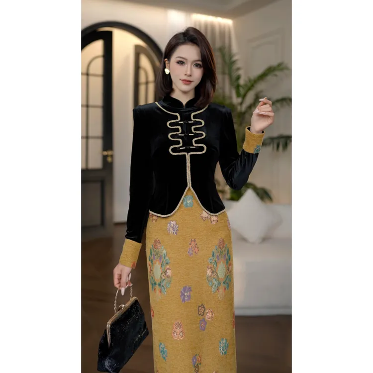 秋季新款【花缎流金】新中式国风丝绒刺绣花卉假两件复古旗袍连衣裙