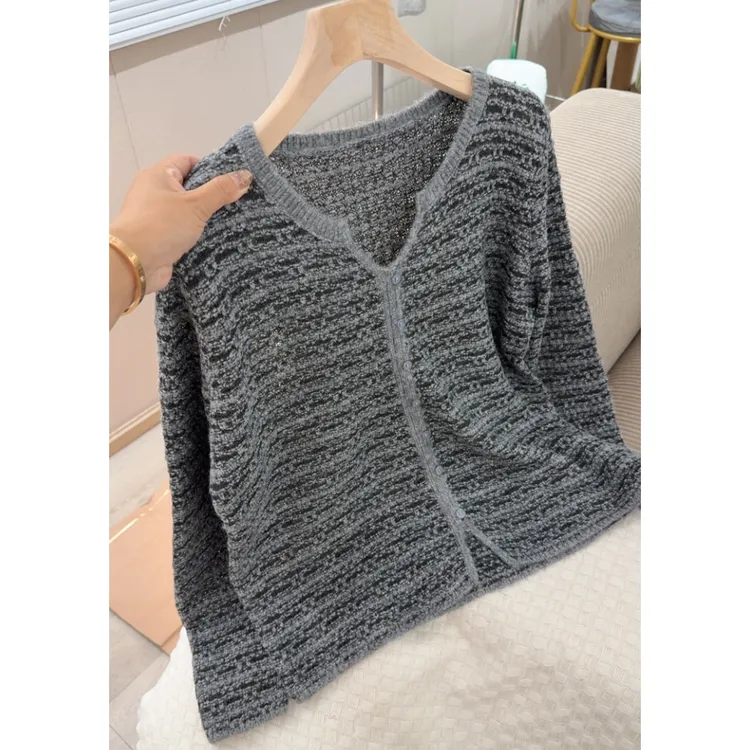 3394【黑灰色剪刀领毛衣】秋冬慵懒外穿圆领ins百搭上衣