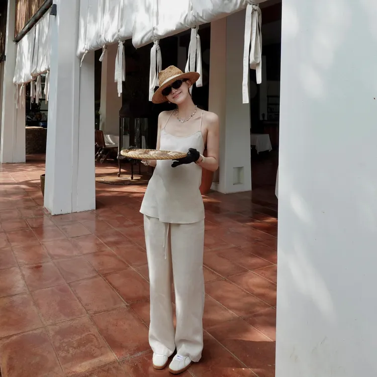 一字领无袖背心吊带上衣两件套女夏季气质高级感休闲阔腿裤套装