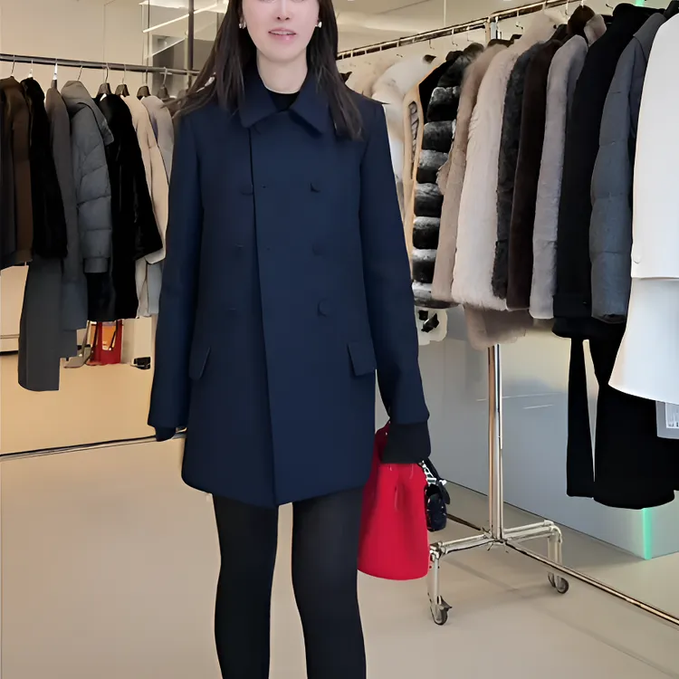 羊毛大衣90白鸭绒毛呢外套双排扣中长款翻领宽松气质高级感羽绒服