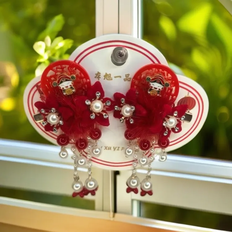 中国风民族风女配饰发饰少女风古风流苏发卡中国红