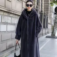 人造皮草 2025海宁加厚冬季100厘米加长版连帽外套