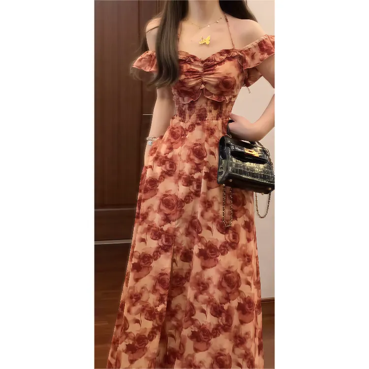 一字肩V领两穿绝美玫瑰印花挂脖吊带连衣裙飞飞袖度假风长裙9520