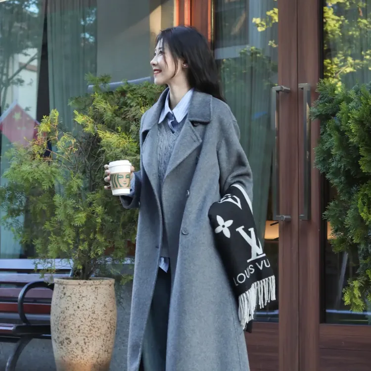 艾格宽松慵懒显瘦气质百搭长款双面羊毛大衣女秋冬小个子29112