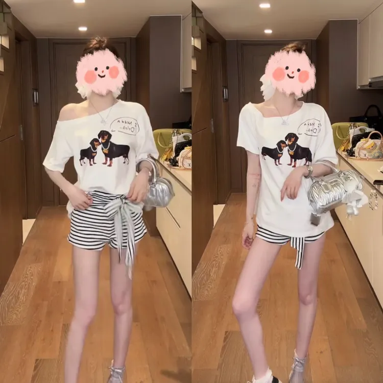 2025夏季新款懒惰风露肩甜美可爱印花上衣设计感百搭绑带短裤套装