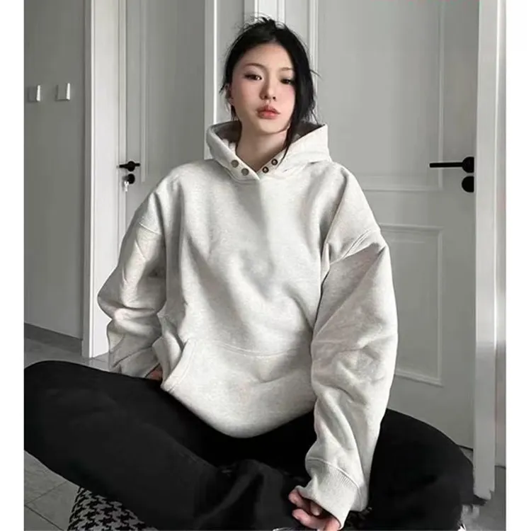 美式440克纽扣重磅新款长袖厚实宽松校园男女纯色秋冬季连帽卫衣