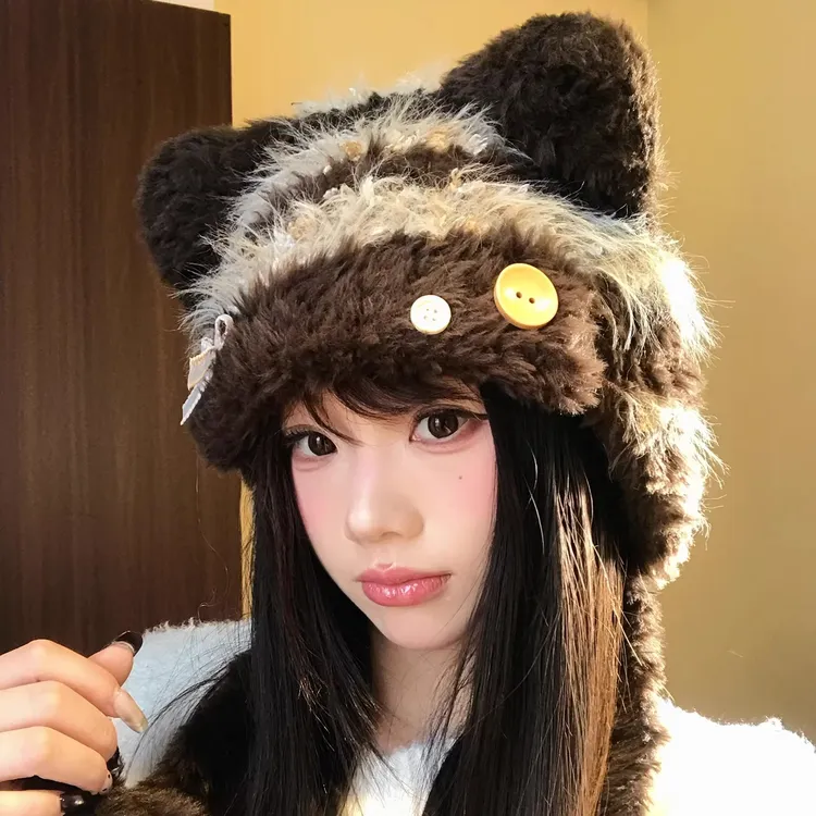 甜美可爱猫耳朵蝴蝶结毛绒帽子女2025新款秋冬保暖显脸小护耳帽潮
