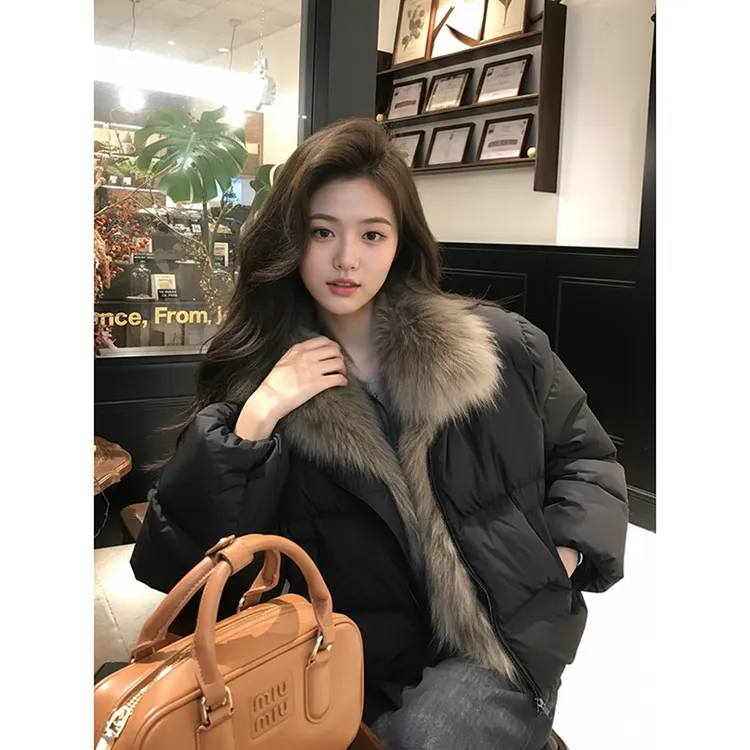 冬季短款大毛领皮草棉服女2025新款保暖加厚面包服小个子外套上衣