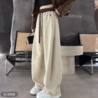 刺绣拼色高腰束脚两穿阔腿卫裤女一裤两穿拖地裤