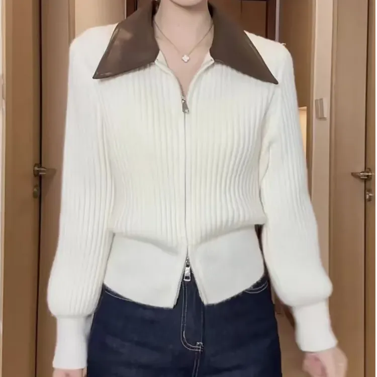 纯色POLO领毛衣女士双拉链秋季爆款时尚洋气软糯针织开衫短外套